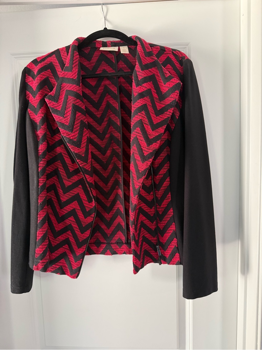 Chico's Red and Black Chevron Open-Front Blazer Jacket
